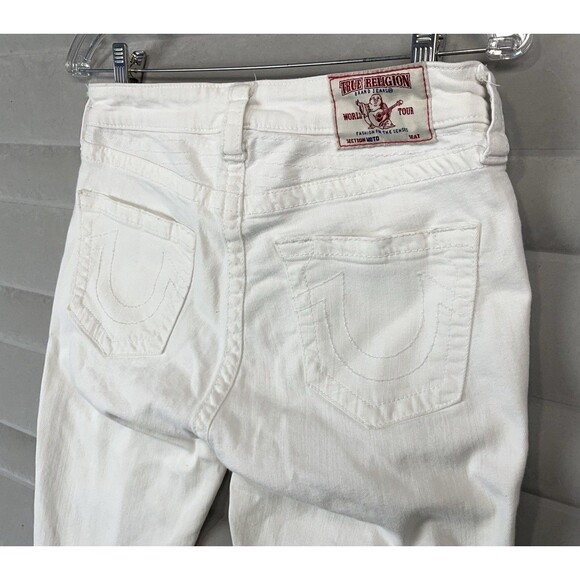 True Religion Women 27 Jeans World Tour Moto White Biker Ribbed Knee Stretch Y2K - Picture 13 of 14